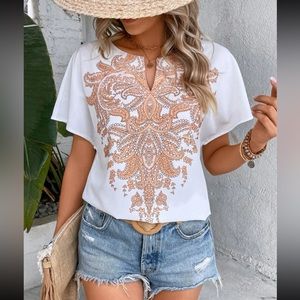 Boho paisley print notched neck batwing sleeve blouse